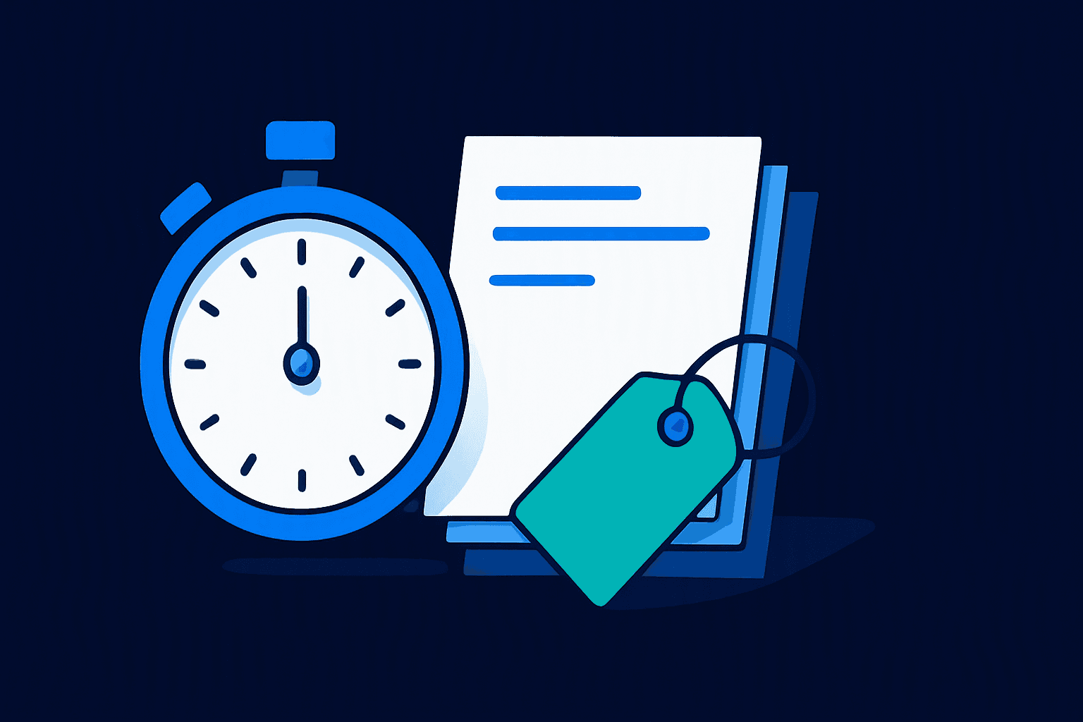 A blue stopwatch beside a stack of documents and a teal price tag on a deep navy background