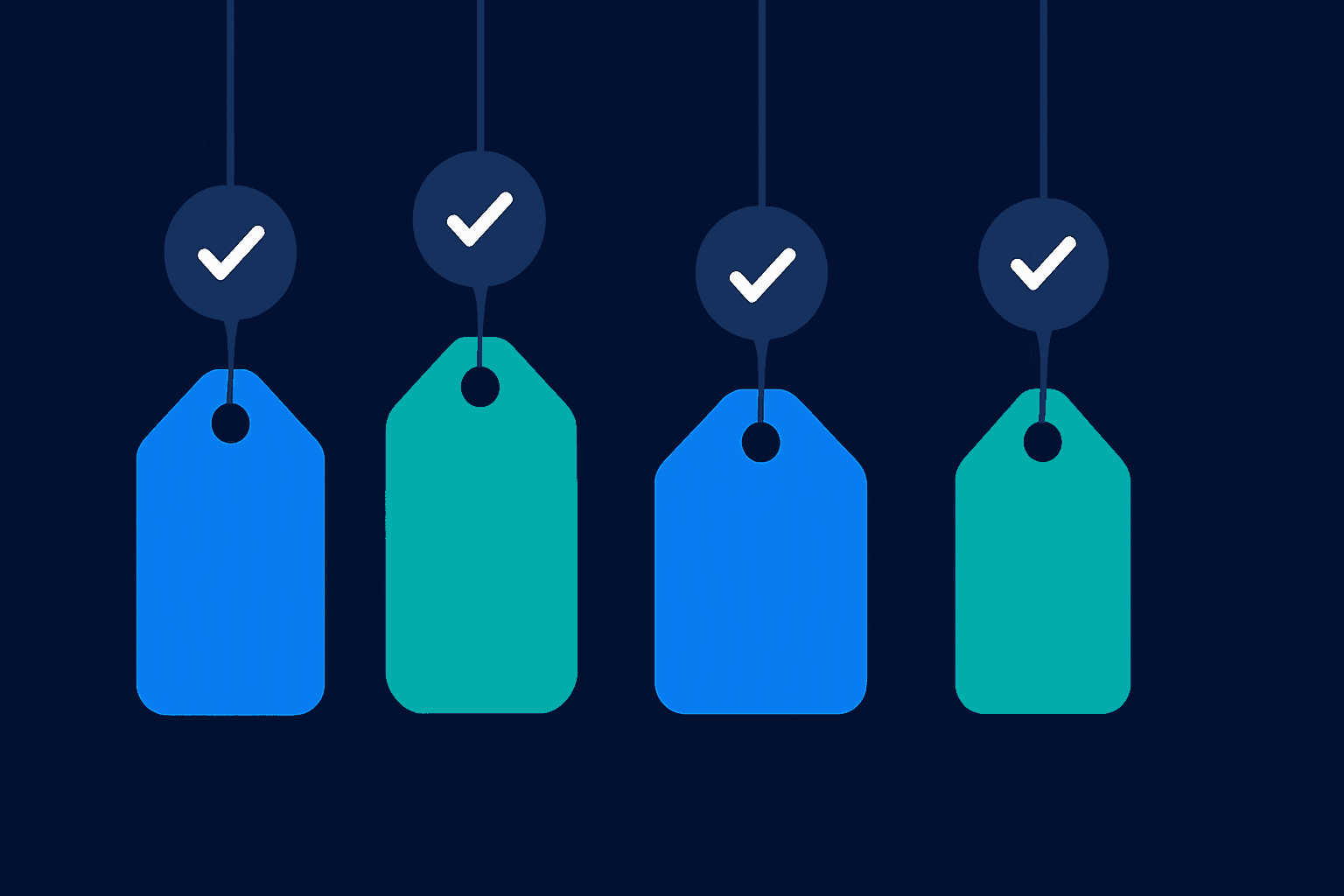 A row of blue and teal price tags, each hanging from a small chat bubble with a check mark, on a deep navy background