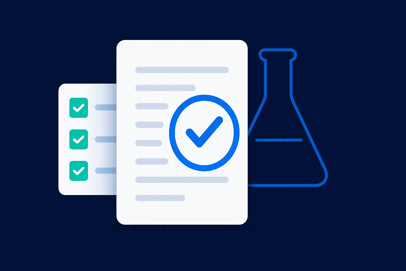 A document with a blue approval check, a checklist with teal ticks and a flask outline on a deep navy background