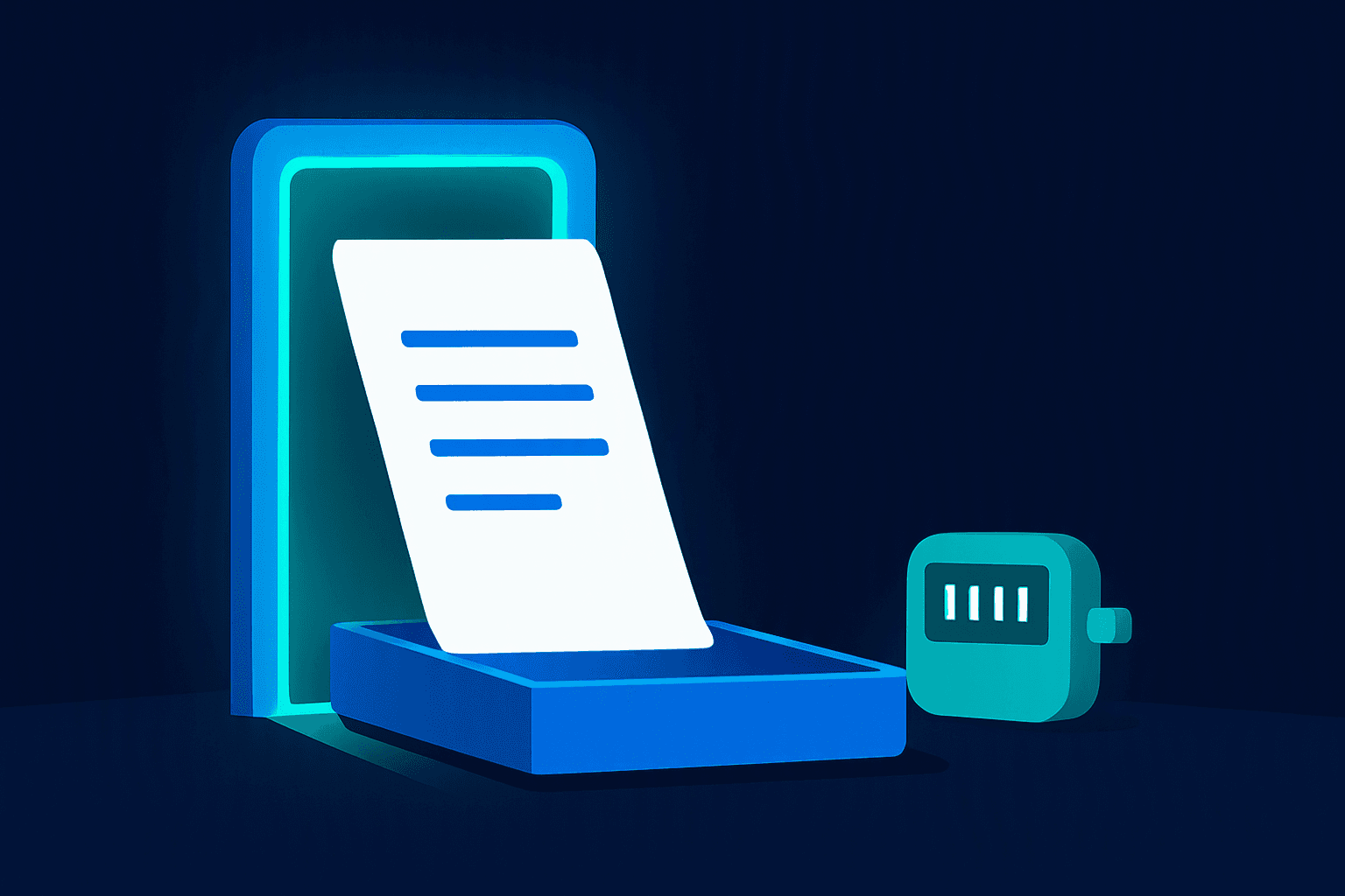 A finished document sliding through a glowing blue gate into an output tray, with a small tally counter beside it, on a deep navy background
