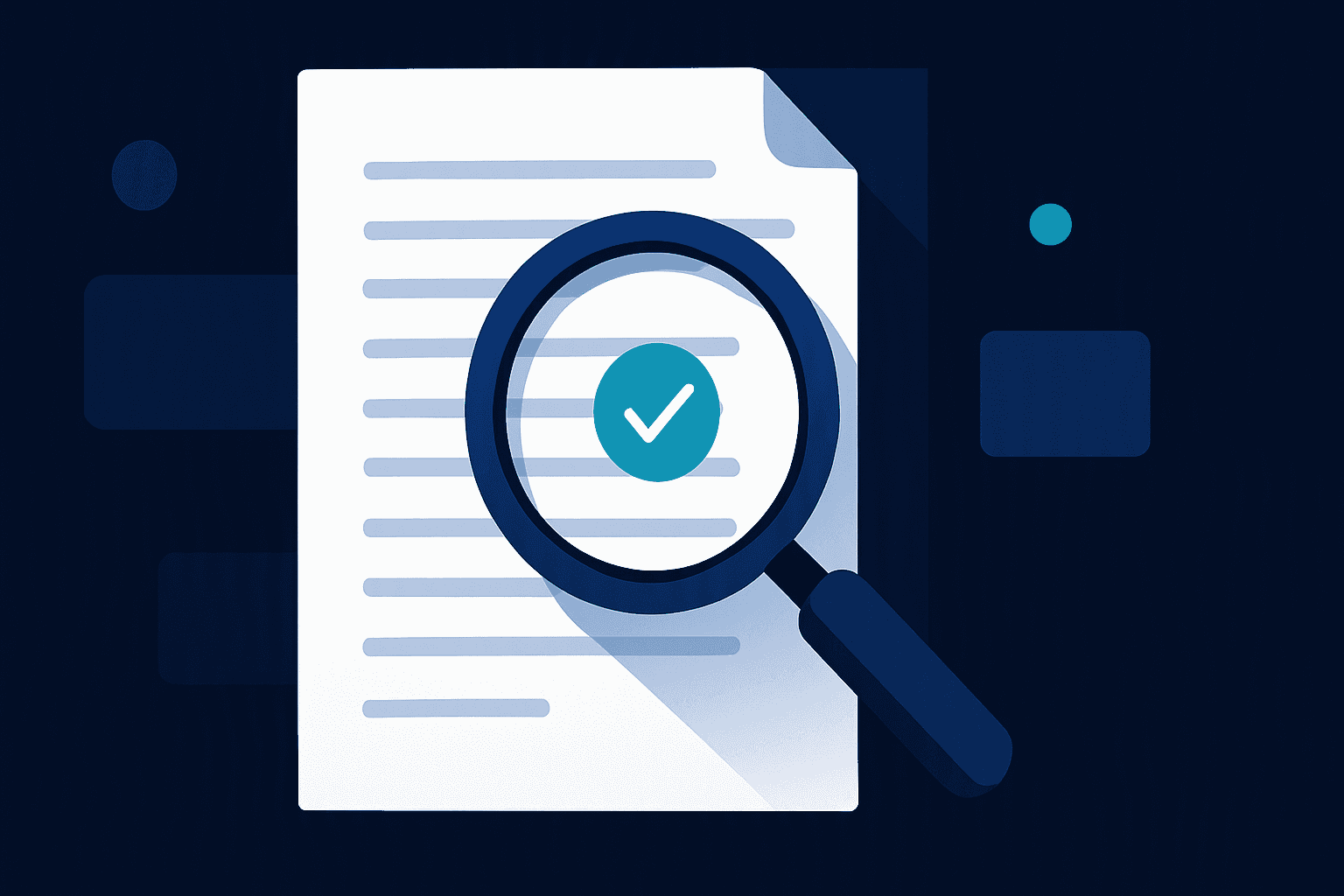 A magnifying glass over one highlighted line of a contract page with a teal check mark, on a deep navy background